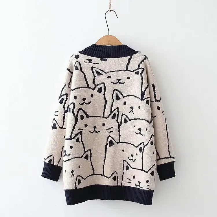 Merry Pretty Cartoon Cat knitted cardigans Jumper Autumn Winter Womens Harajuku Sweater coat O-Neck Long Sleeve cardigan 2024