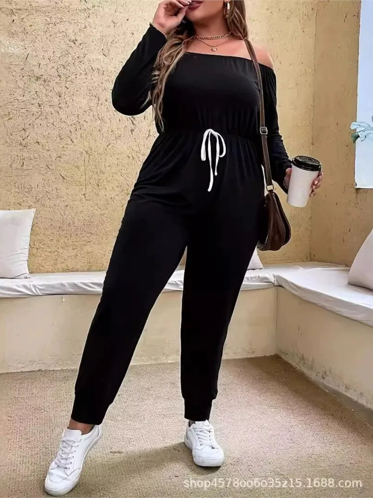 Plus Size Summer Elastic High Waist Jumpsuit Women Off Shoulder Fashion Casual Ladies Jumpsuits Loose Long Sleeve Woman Jumpsuit