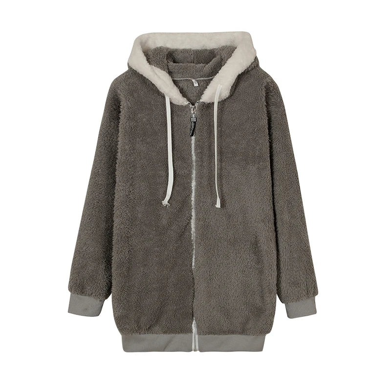 New Style Autumn And Winter Loose Plush Zipper Hooded Jacket Woman