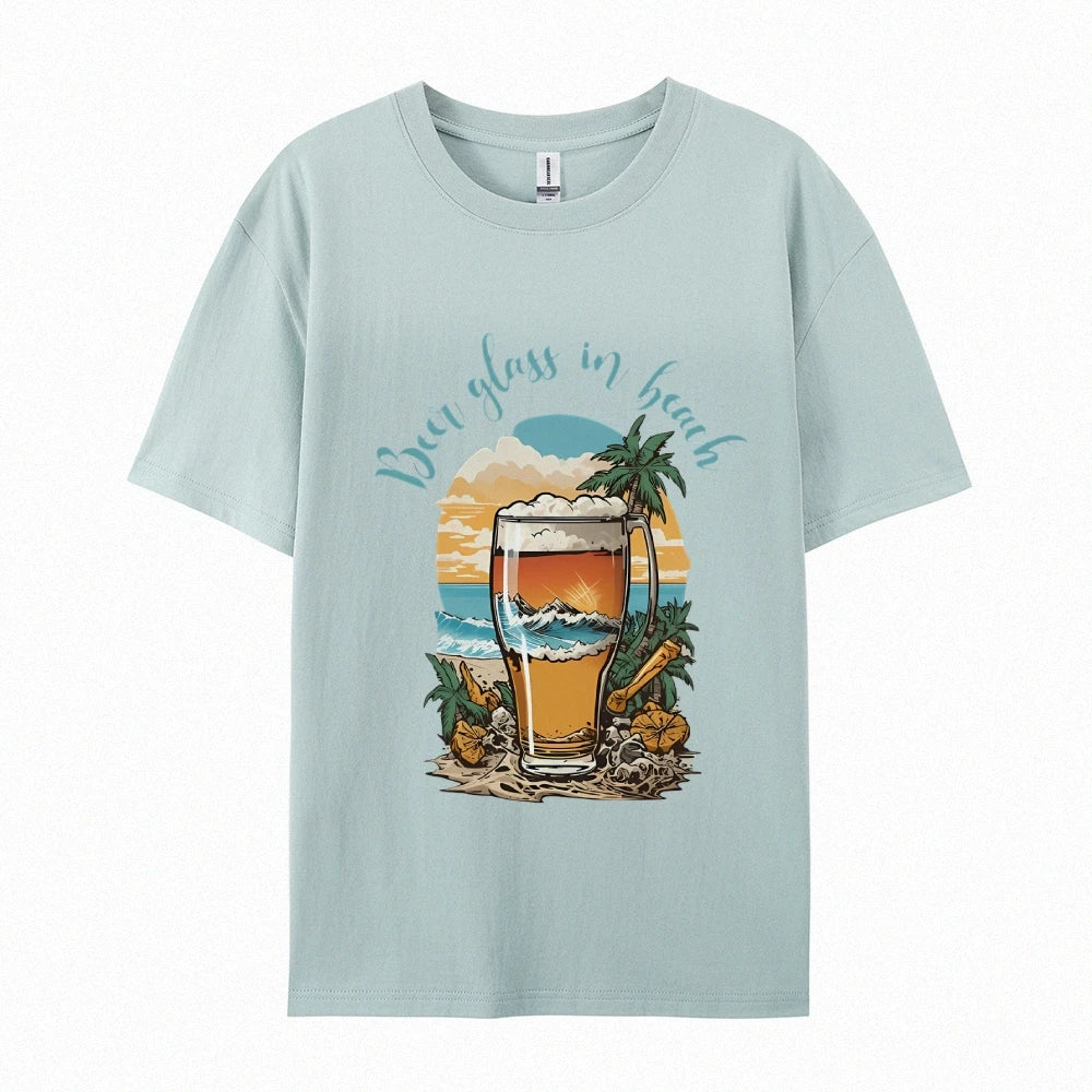 Beer Glass In Beach Women’s Graphic Tee Summer Vacation T-Shirt Beers Lover Shirt Oktoberfest Tshirts Women’s Clothes Top Tees