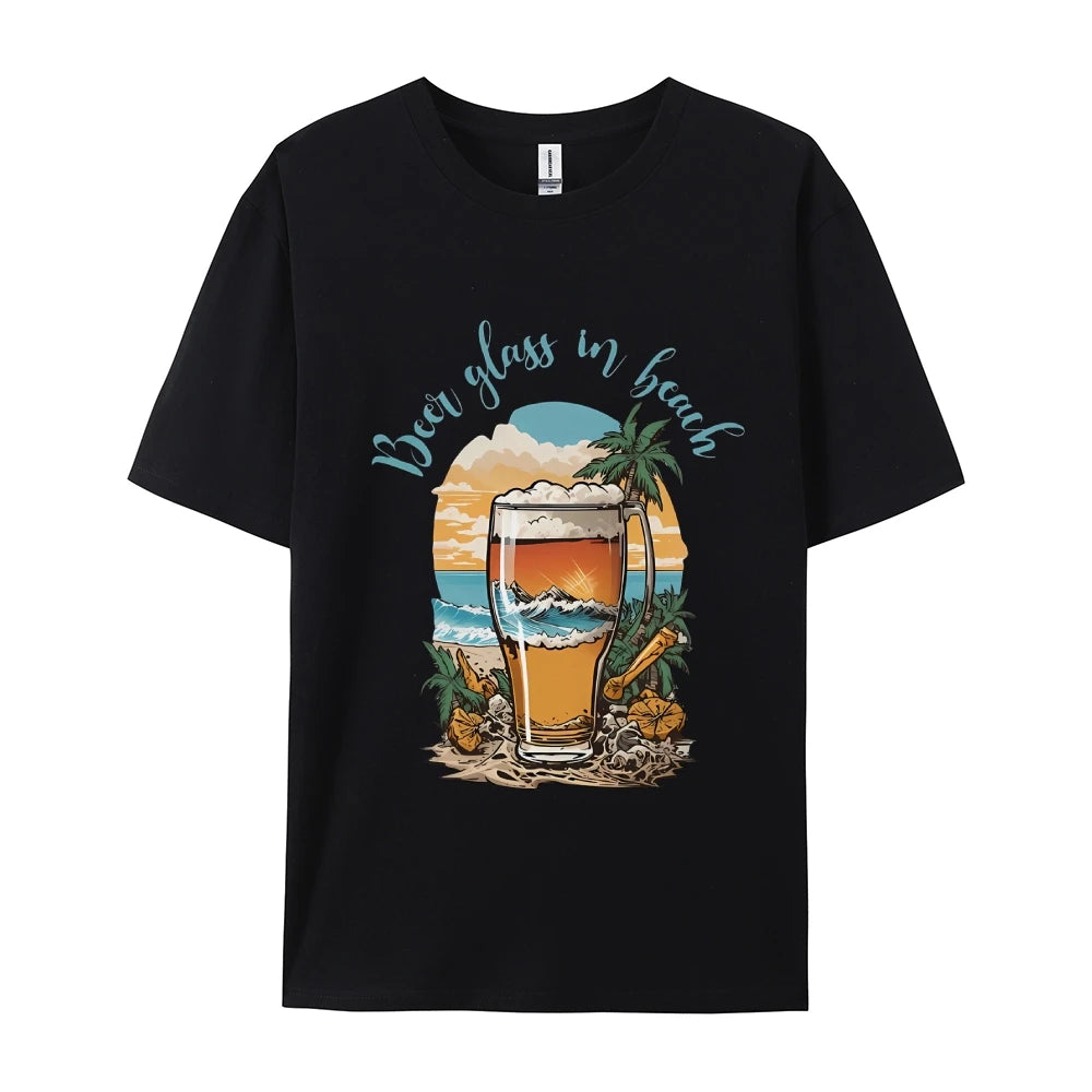 Beer Glass In Beach Women’s Graphic Tee Summer Vacation T-Shirt Beers Lover Shirt Oktoberfest Tshirts Women’s Clothes Top Tees