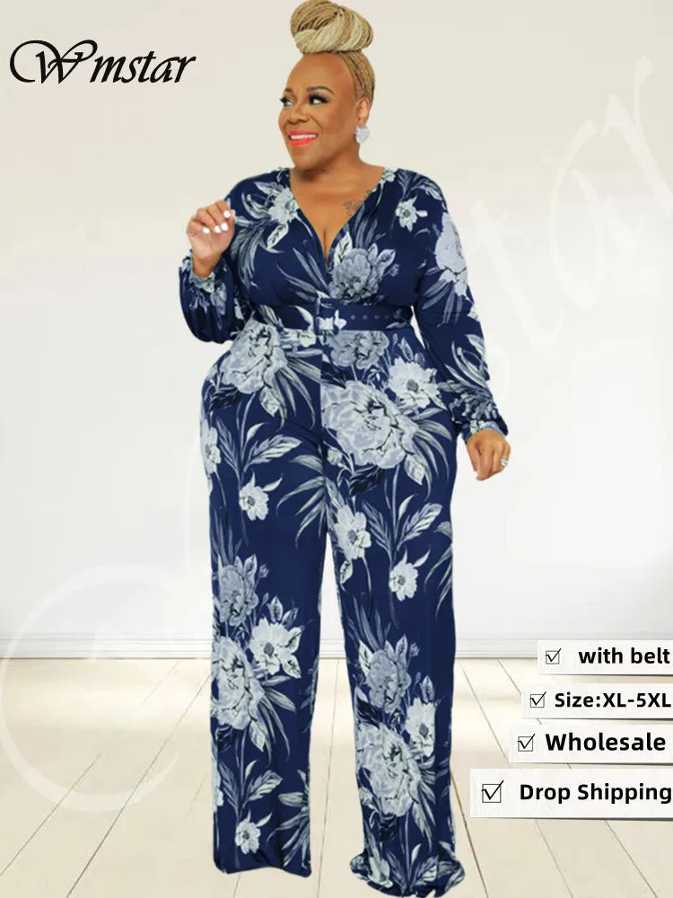 Wmstar Plus Size Romper Women with Belt Flower Print Long Sleeve Wide Leg Office Lady New Fall Jumpsuit Wholesale Dropshipping