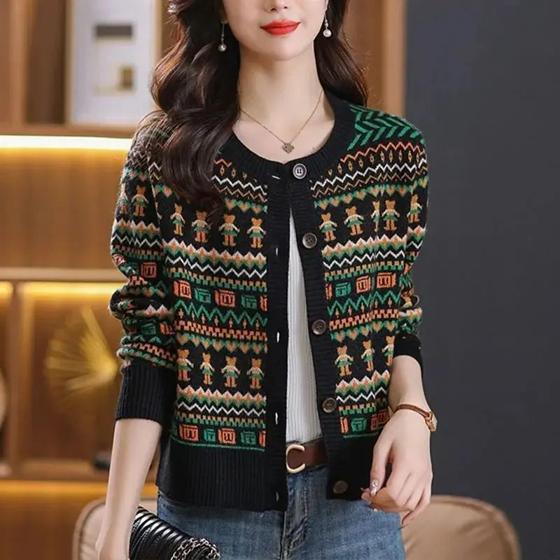 Women Vintage Stylish Jacquard Elegant Single Breasted Cardigan Korean Casual O Neck Long Sleeve Loose Chic Knitted Sweater Coat