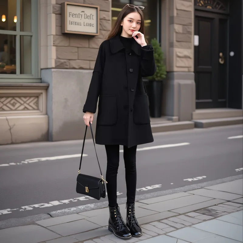 150Kg Plus Size Women's Bust 157 Spring Autumn Loose Woolen Trench Coat Black 5XL 6XL 7XL 8XL 9XL