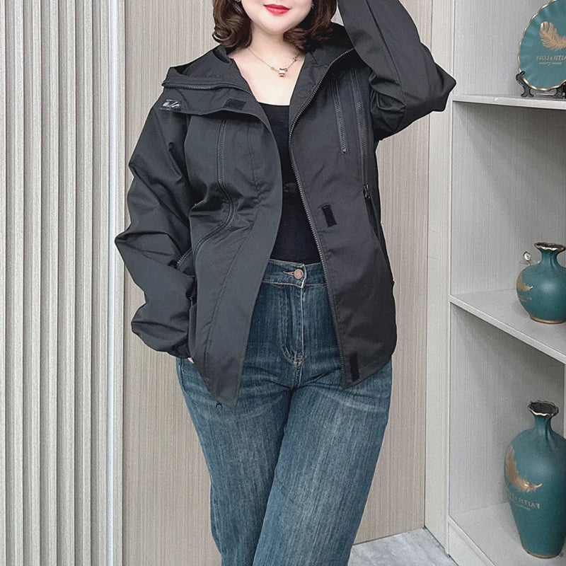 Outdoor Jacket Lovers Plus Size Women Autumn New Loose Leisure Weatherproof Rainning Proof Hooded Zipper Trench Coat 2275