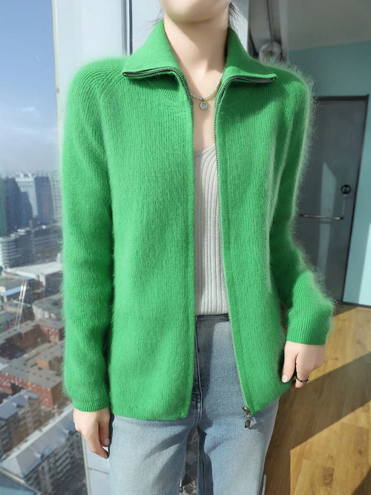 Women’s Zippers Cardigan 100% Mink Cashmere Sweater Thick Raglan Sleeve Knitwear Korean Style Autumn Winter Coat Clothing Tops