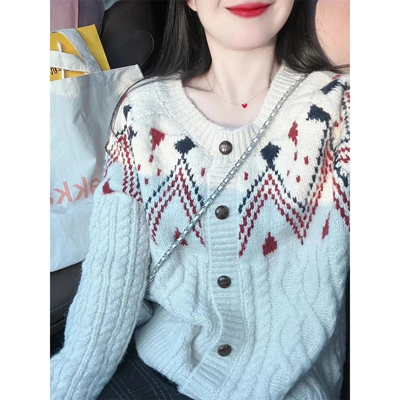 Korean Vintage Loose Knitting Cardigan Women Autumn Winter Fashion Patchwork Sweater Coat Fashion All-match Sweet Knitwear Tops