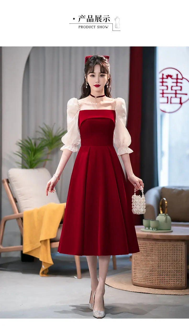 2024 Wine Red Luxury Small Dress, Summer Skirt, Toast Dress, Bride can wear engagement dress on weekdays