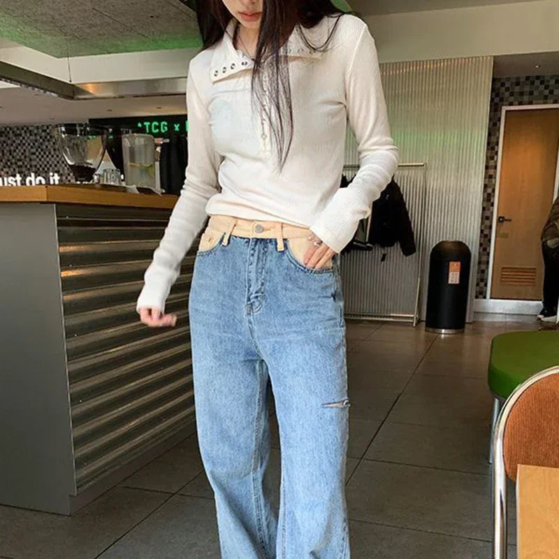 Y2K High Street Women Sweaters 2023 New Gray White Button Up Bottoming Pullover Woman Slim Fit Long Sleeve Knitted T-Shirt