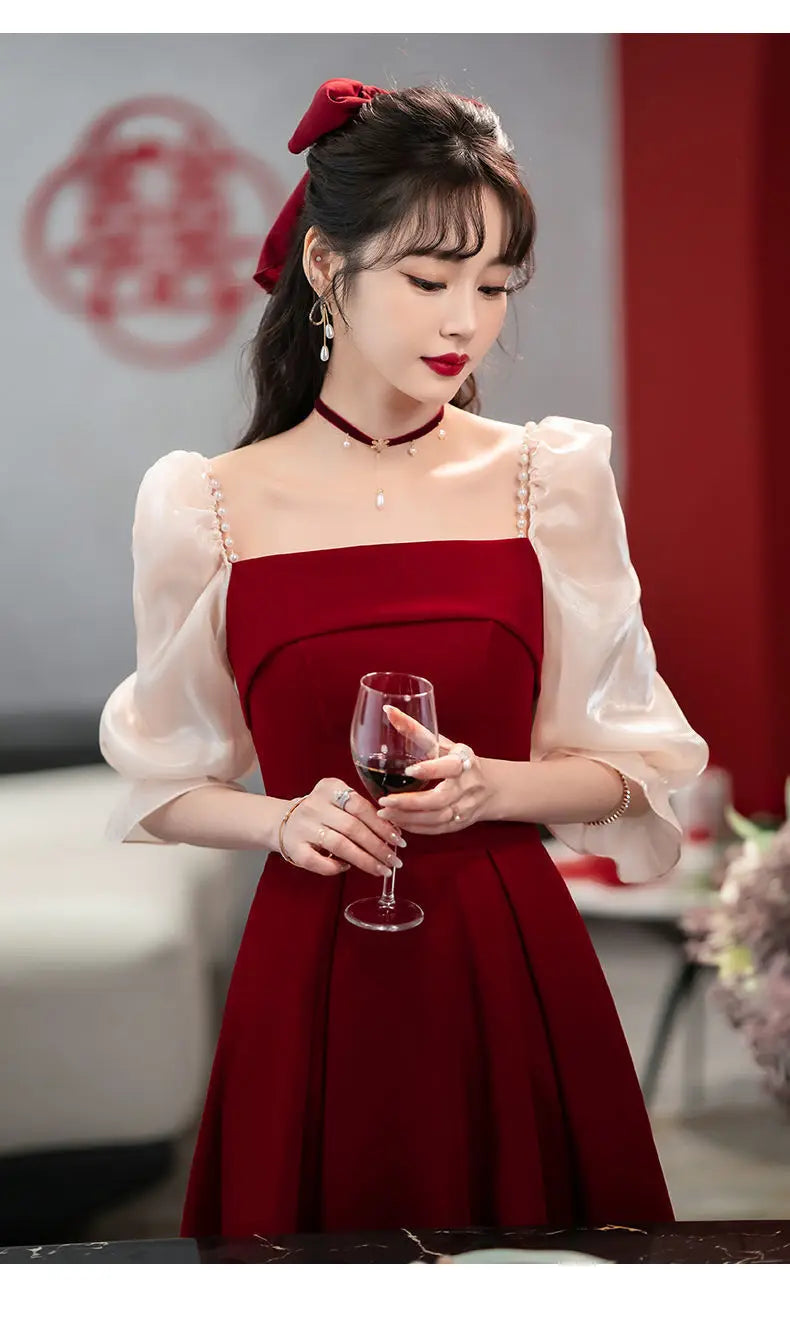 2024 Wine Red Luxury Small Dress, Summer Skirt, Toast Dress, Bride can wear engagement dress on weekdays