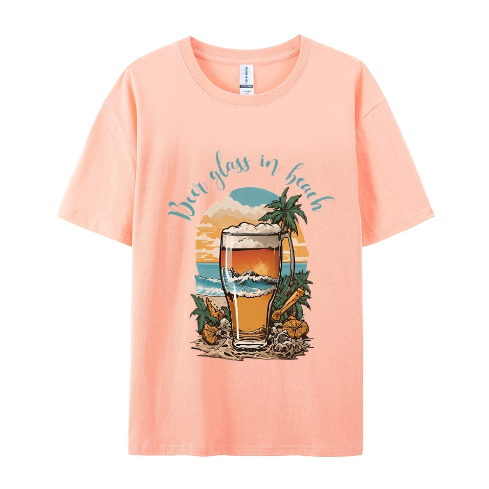 Beer Glass In Beach Women’s Graphic Tee Summer Vacation T-Shirt Beers Lover Shirt Oktoberfest Tshirts Women’s Clothes Top Tees