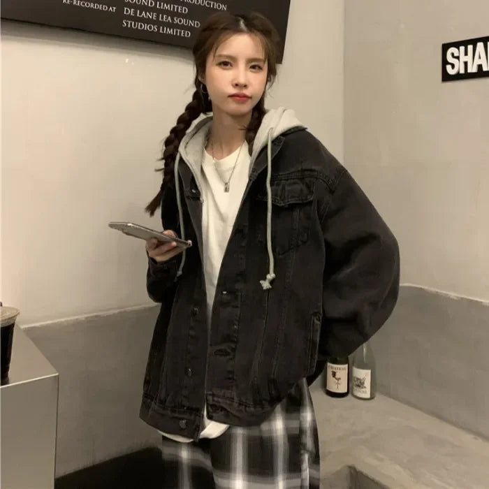 Vintage Denim Hooded Jackets Women Cost Single Breasted Pockets Loose Fit Outerwear Casual 2024 Autumn Overcoat Streetwear