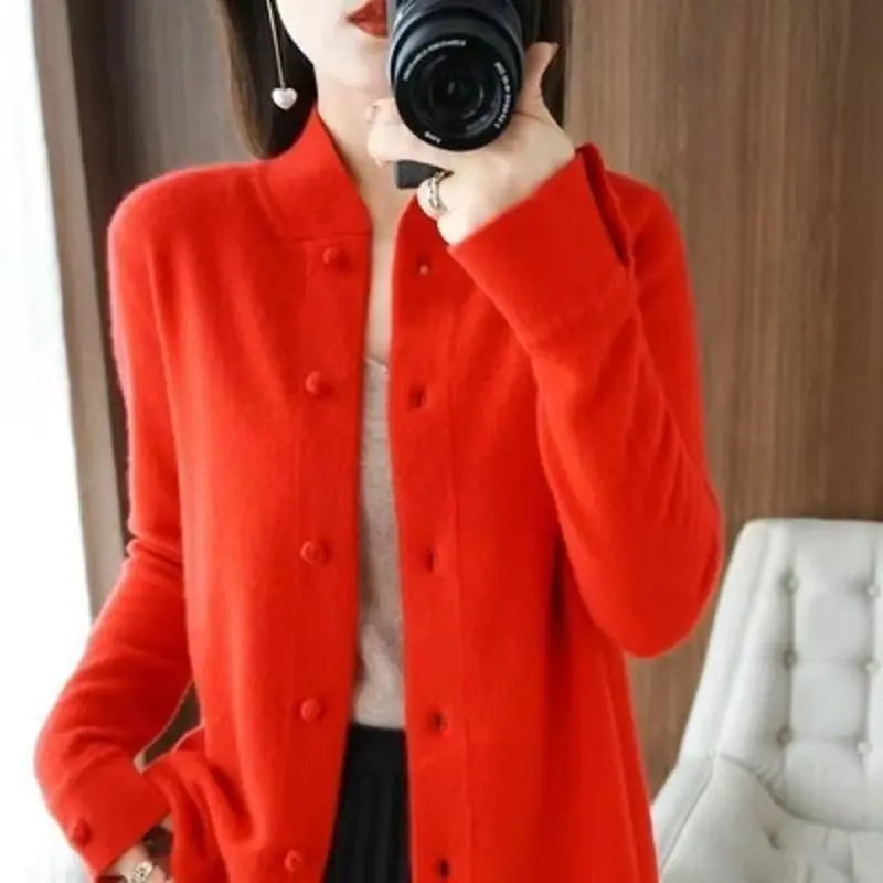 New Retro Chinese Style Stand Up Collar Cardigan Loose Sweater Fashionable Knitted Jacket Trendy Top