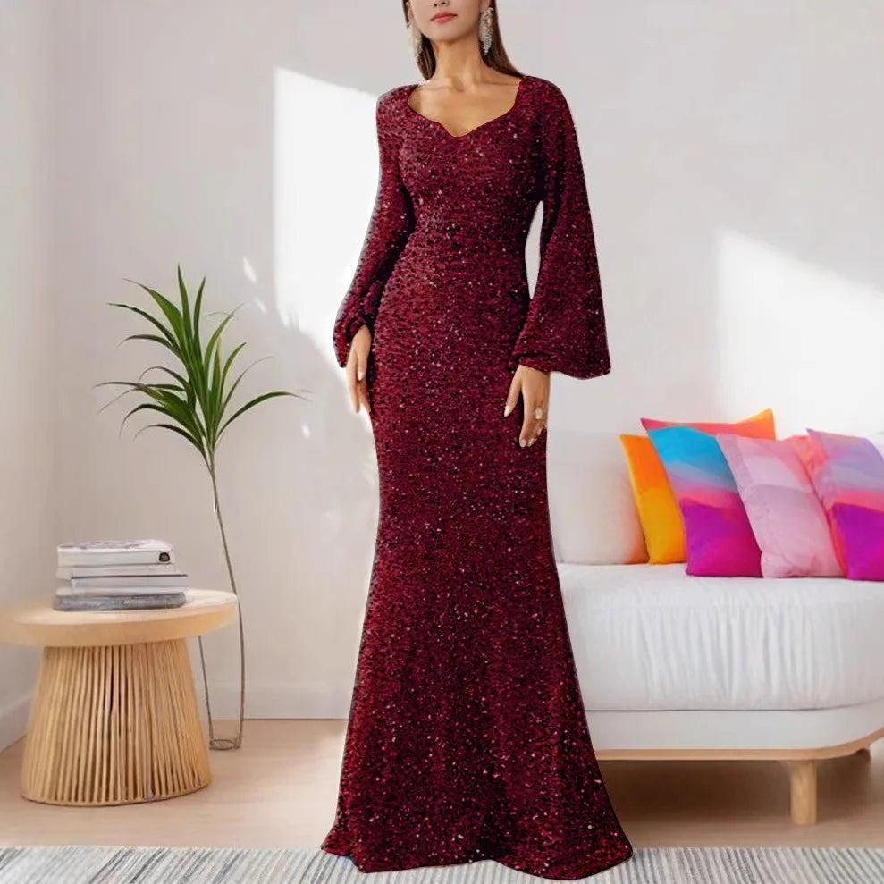 Elegant Sequins Prom Dress Women Fashion V-neck Wrapped Hip Flare Sleeve Long Evening Dress Chic Solid Party Gown Maxi Dresses