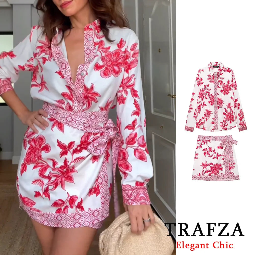 TRAFZA Romantic Chic Short Skirt Shirts Set Women's Flower Print Shirts+Mini Skirt New 2025 Summer OOTD Holiday Beach Set