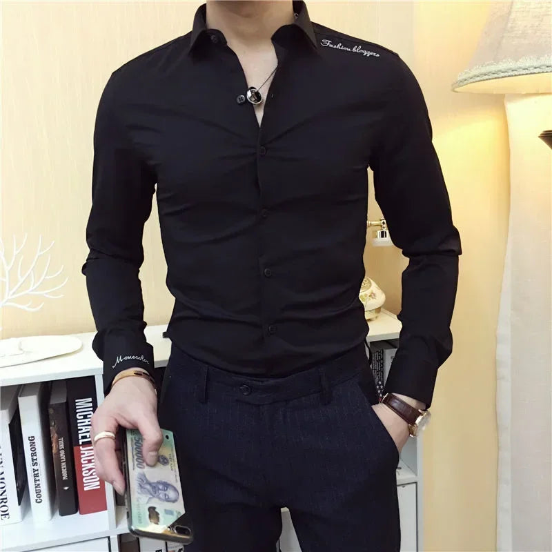 Shirts and Blouses for Men Plain Long Sleeve Clothing Muscle Man Tops Business Dress Shirt Black with Collar Slim Fit Asia S Xxl