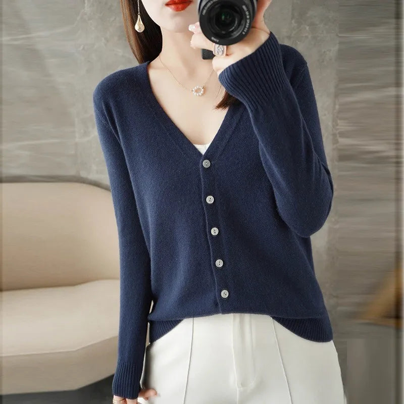 JIAYAN 2025 Spring New Cardigans Women's Clothing Korean Version Tops Solid Color Fashion V-neck Knitted Sweater