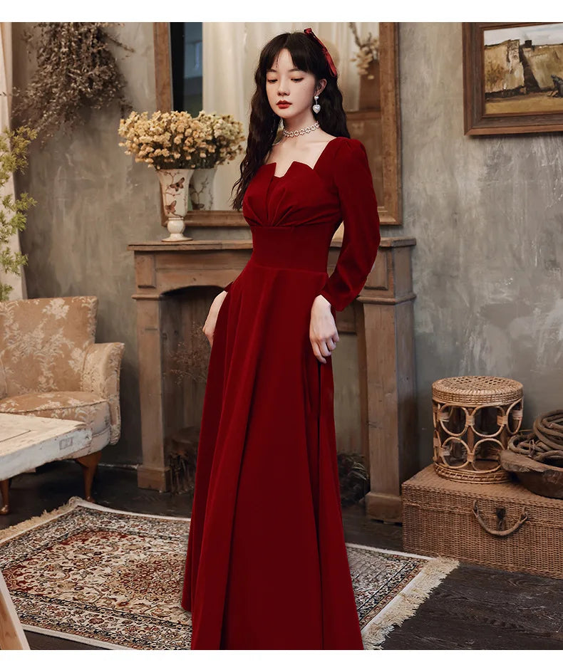 2024 Elegant Long sleeved Office Dress Wine Red Autumn Square Collar A-line Long Skirt Formal Party Wedding Bridesmaid Ball Dres