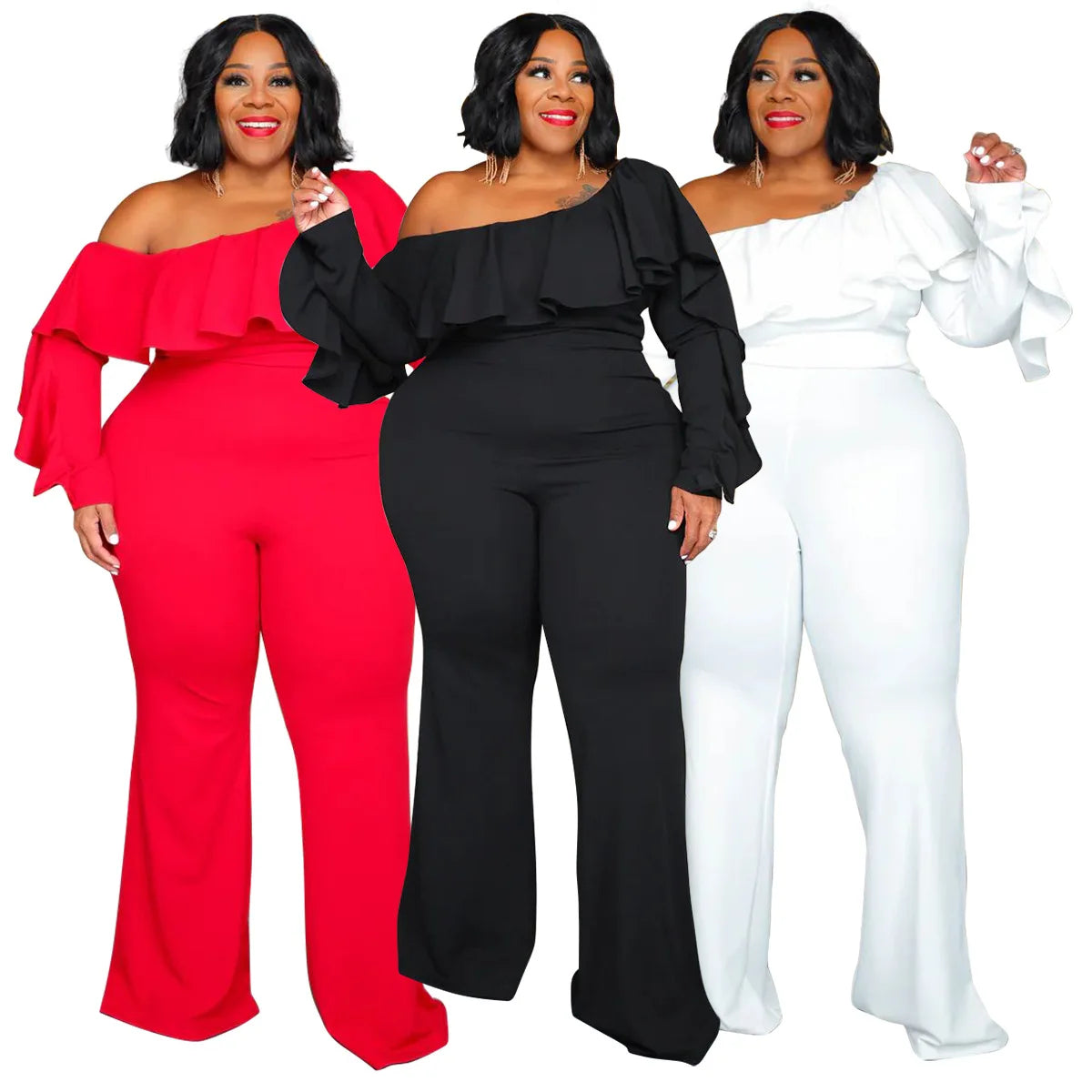 Plus Size Women Jumpsuit One Shoulder Long Sleeves Rufflea Wide Leg Pants Party Rompers 4XL 5XL Autumn Winter