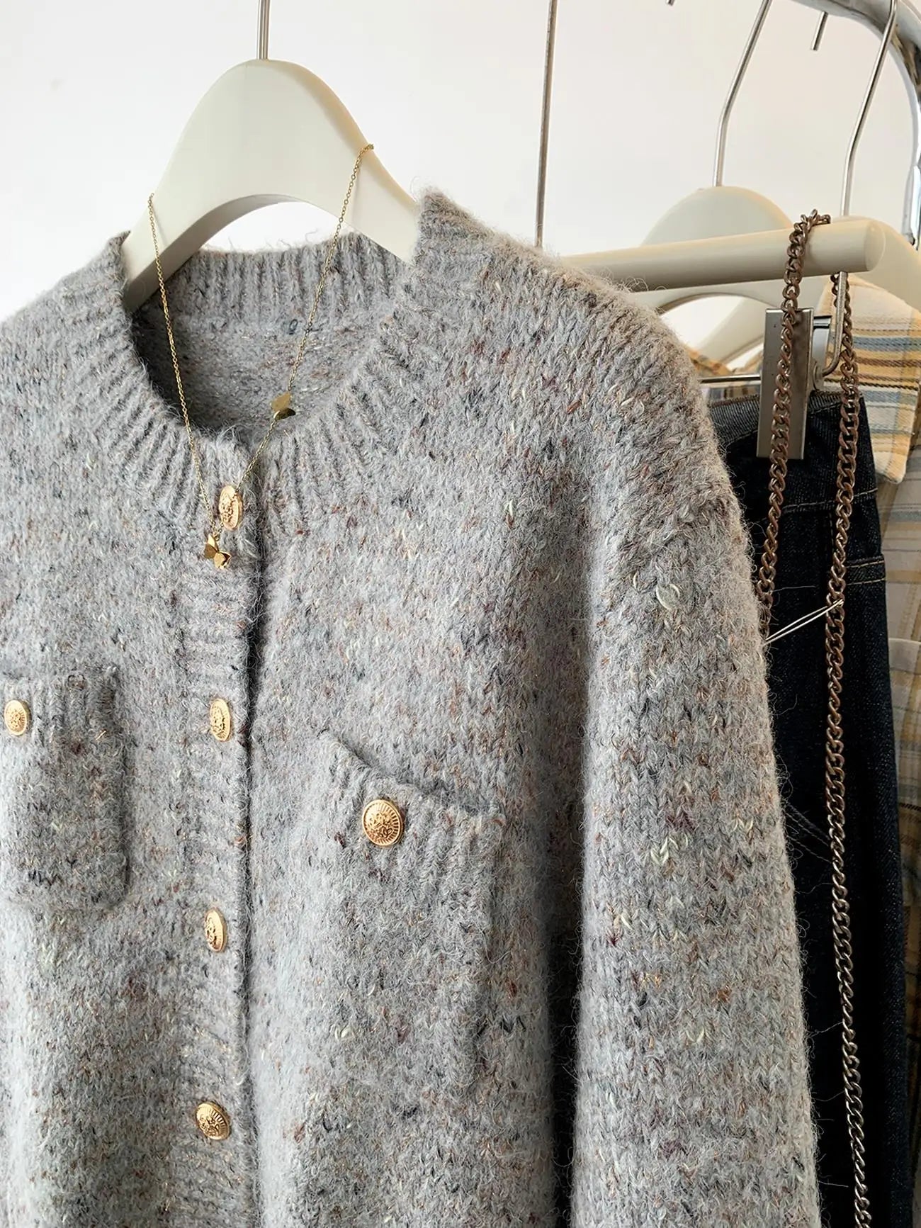 Gold Buttons Gray Women Knit Cardigan Simple O-Neck Long Sleeve Sweater Coat Autumn Spring Office Lady Elegant Knitwear