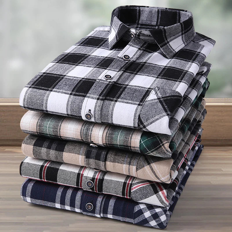 Size 11XL 10XL 9XL Fashion Flannel Plaid Shirts For Men‘s Long Sleeve Cotton Casual Blouse Soft Standard-Fit Shirt Male Clothing