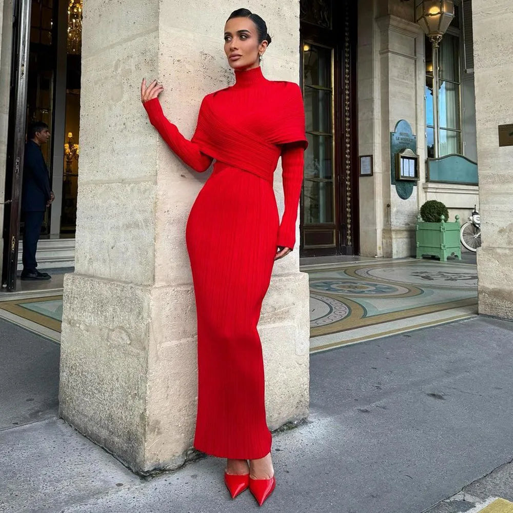 Women's Party Dresses Luxury 2024 Winter New Red Bandage Long Dress Turtle Neck Cross Design Knitted Slim Fit Evening Gown