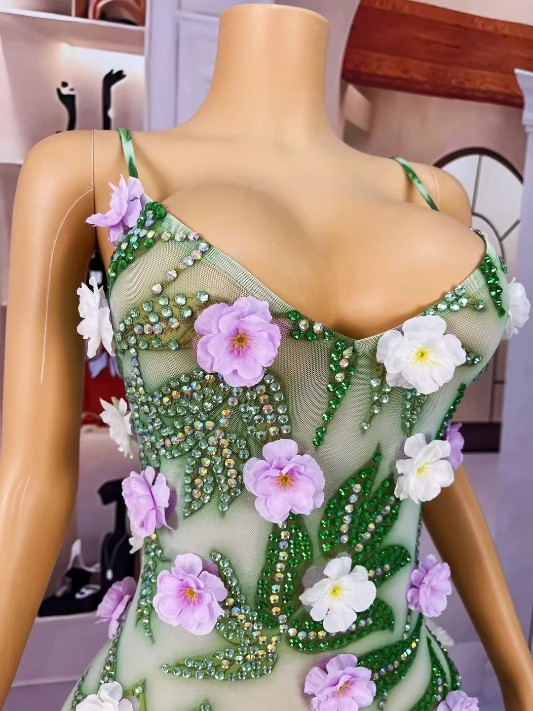 Trendy Sexy Rhinestone Flower See Through Mesh Evening Dress Cocktail Party Nightclub Carnival Performance Strap Dress Baihuaqun