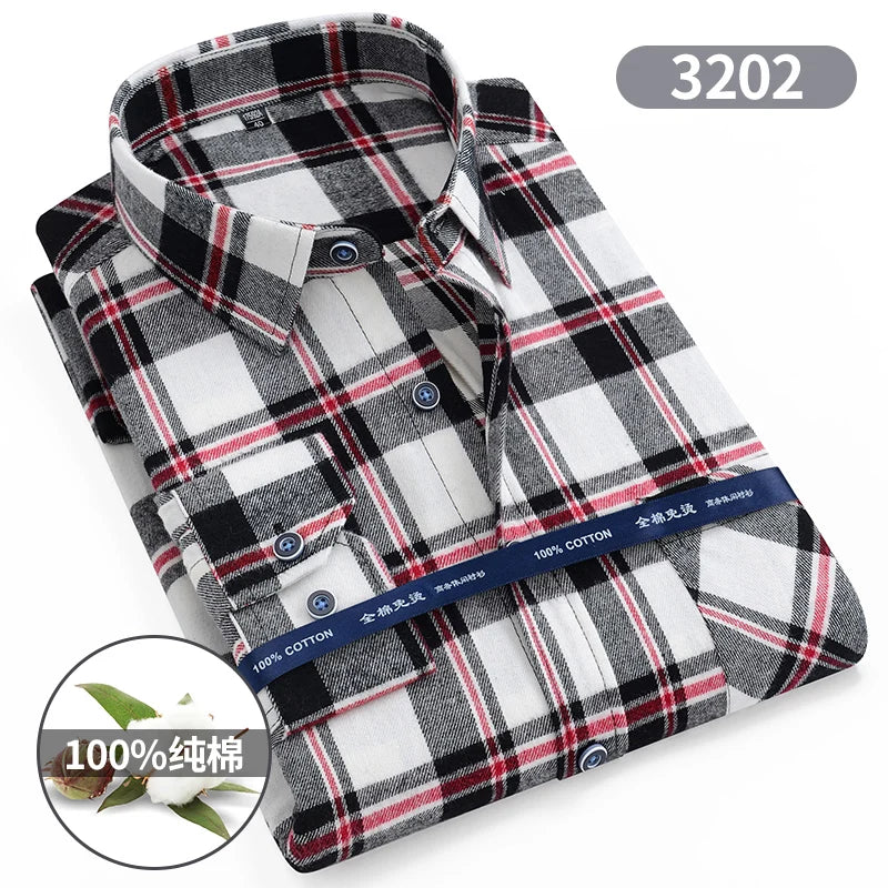 Size 11XL 10XL 9XL Fashion Flannel Plaid Shirts For Men‘s Long Sleeve Cotton Casual Blouse Soft Standard-Fit Shirt Male Clothing