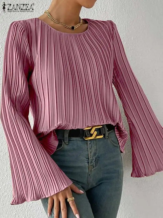 ZANZEA Long Flare Sleeve Blouse Elegant OL Women Autumn Pleated Tops 2023 Fashion Casual Solid Color Shirts Office Ladies Blusas