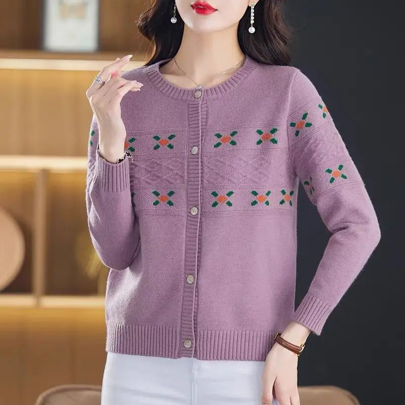 Autumn Winter New Round Neck Long Sleeve Fashion Sweater Women High Street Casual Printing Button Cardigan Elegant All-match Top