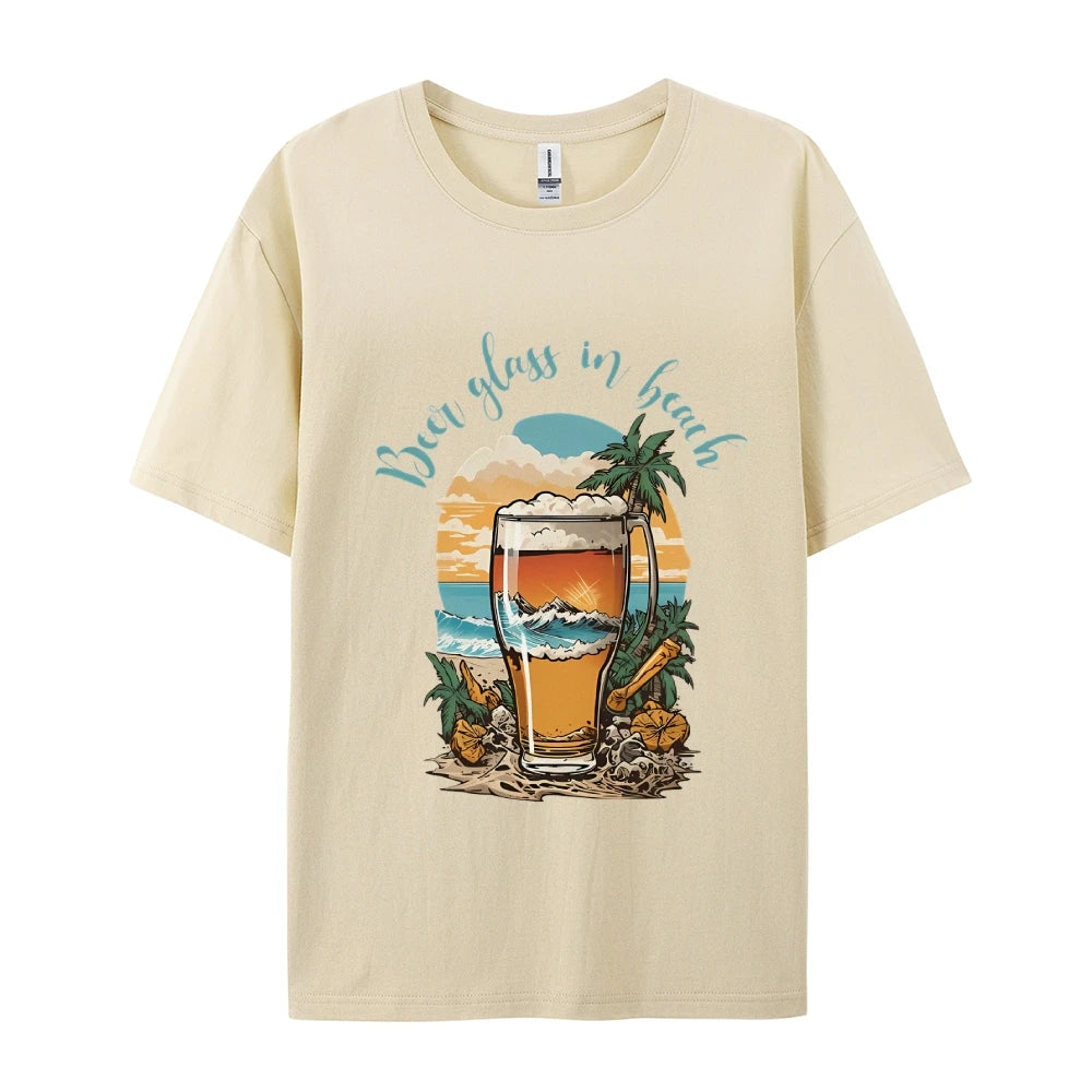 Beer Glass In Beach Women’s Graphic Tee Summer Vacation T-Shirt Beers Lover Shirt Oktoberfest Tshirts Women’s Clothes Top Tees