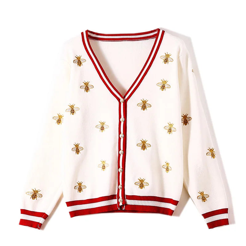 High Quality Fashion Designer Bee Embroidery Cardigan Long Sleeve Single Breasted Contrast Color Button Knitted Sweater