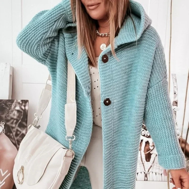 Solid Hooded Long Cardigan for Women Autumn Fashion Casual Loose Button Knitted Sweater Coat Daily Basic Cardigan New Outerwear