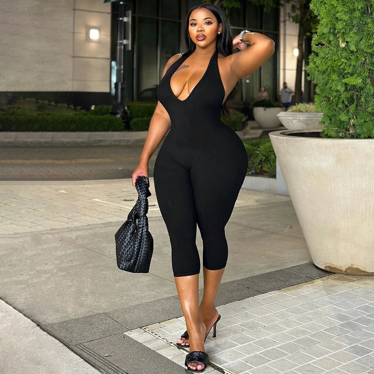 Plus Size Halter Solid Jumpsuit Female Casual V Neck Elegant Cloth Women One Piece Outfit 2024 Autumn Fashion Bodycon Jumpsuits