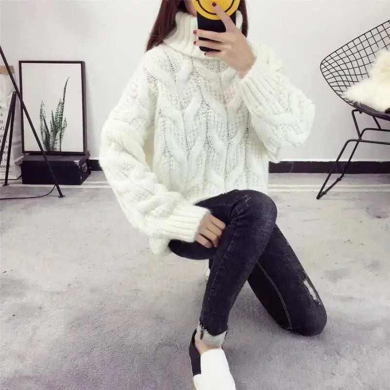 Thicken Twist Turtleneck Sweater Knitwear Women's 2025 Winter New Loose Long-sleeve Pullover Warm Short Sweater Casual Tops