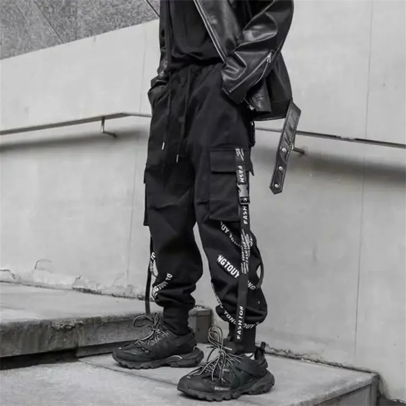 Y2K Joggers Cargo Pants For Men Casual Hip Hop Pocket Mens Trousers Sweatpants Streetwear Ribbons Techwear Black Baggy Pant 브론슨