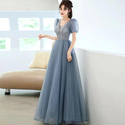 Puff Sleeve Long Prom Evening Dress for Women Mesh Party Formal Host Princess Evening Dresses Woman Elegant Glitter Party Gown