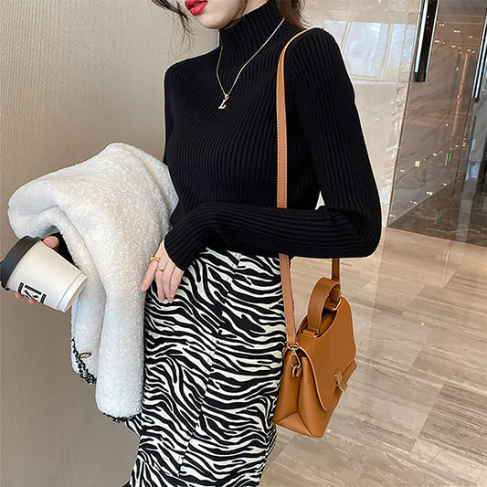 Elegant Solid Basic Knitted Tops Women Turtlneck Sweater Long Sleeve Casual Slim Pullover Korean Fashion Simple Chic Clothes