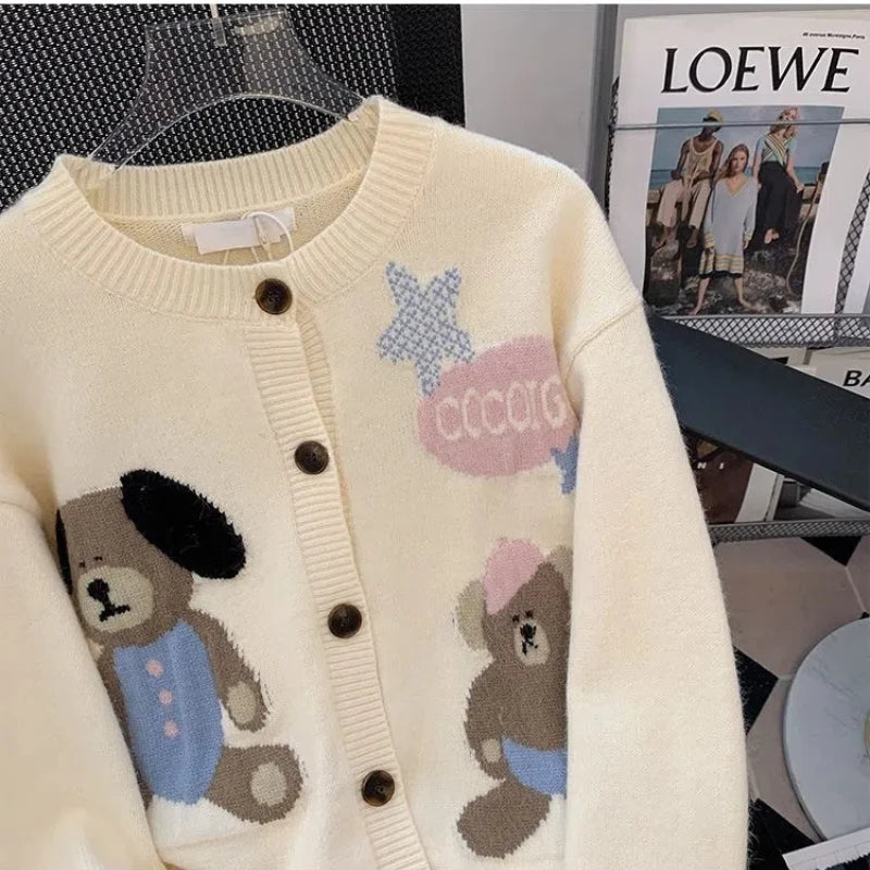 Korean Fashion Autumn Sweaters Coats Women O-Neck Cartoon Little Bear Button Sweet Chic Long Sleeve Loose Cardigan Knitted Tops