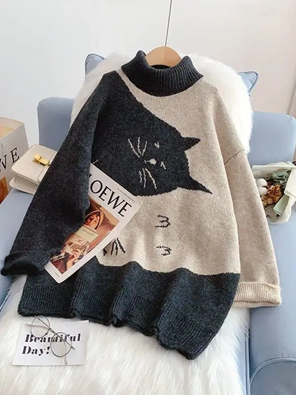 Women's Oversized Sweater Knitted Autumn Winter Turtleneck Cute Cat Print Knit Pullover Warm Sweaters for Women C-062