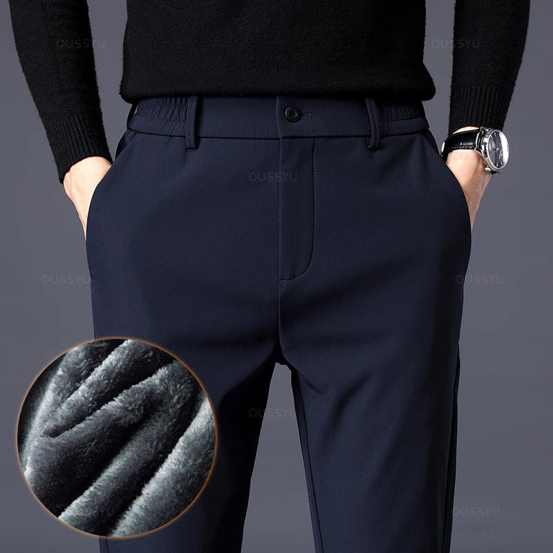 Winter Warm Fleece Trousers Men Thicken Business Stretch Slim Elastic Waist Jogger Korean Outdoor Sweatpants Suit Pants Male