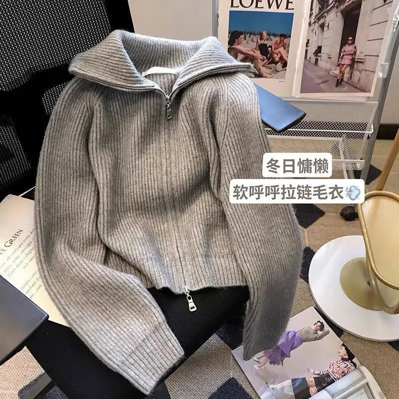 Autumn and Winter Beige Cardigan Lapel Zipper Knitted Women's Lazy Style Wearing Sweater Jacket Winter High Neck Chic Sweaters