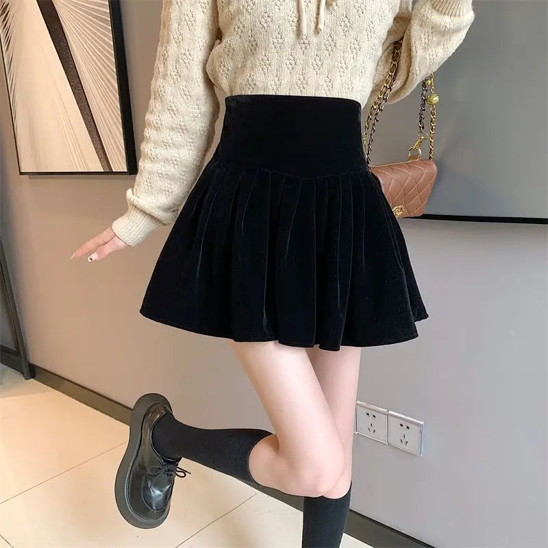 Autumn Winter Black Pleated Skirt for Women Velvet Cute A-line Mini Skirt Shorts Sweet Fashionable Korean Style Female Clothing