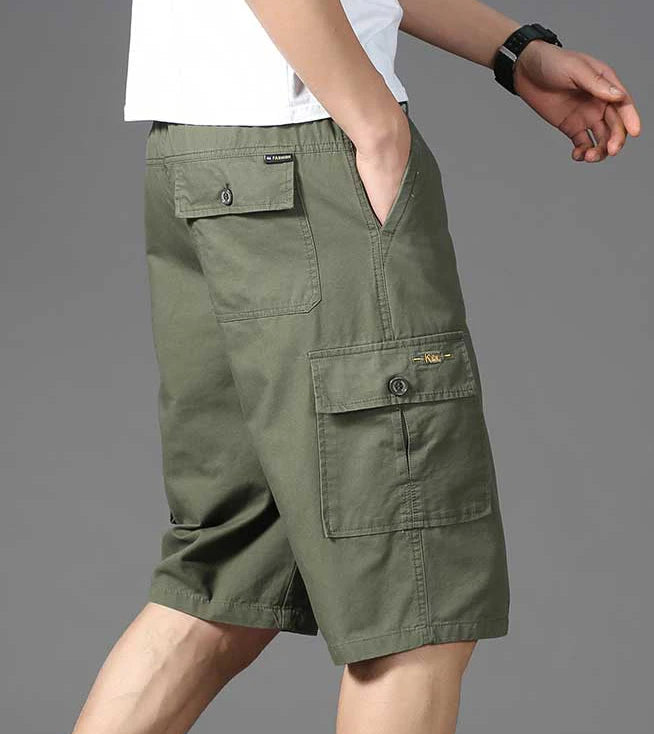 Mens Cotton Cargo Shorts Below Knee Lenth Summer Elastic Waist Sweatpants Hiking Running Bermuda Shorts Gym Below Knee Shorts