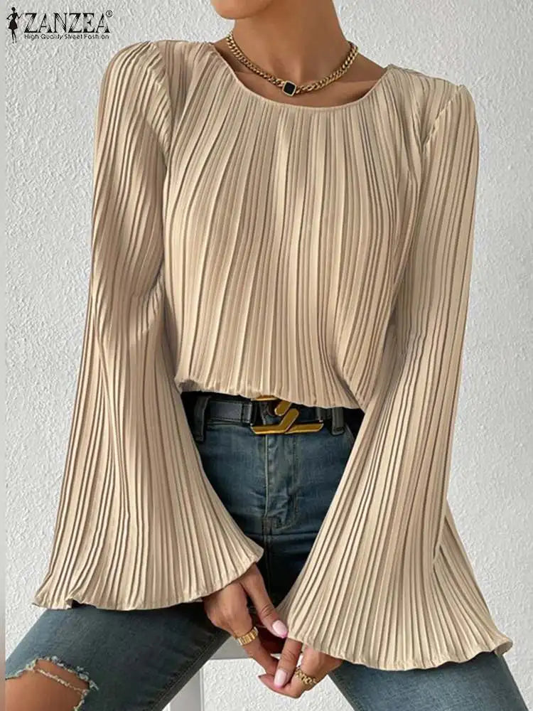 ZANZEA Long Flare Sleeve Blouse Elegant OL Women Autumn Pleated Tops 2023 Fashion Casual Solid Color Shirts Office Ladies Blusas