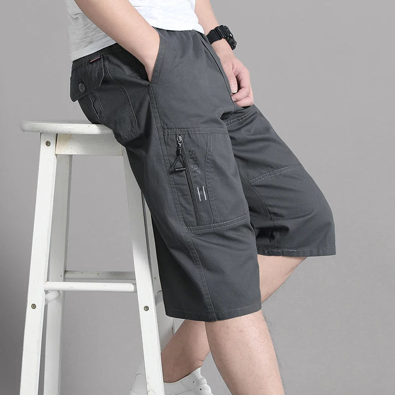 Mens Cotton Cargo Shorts Below Knee Lenth Summer Elastic Waist Sweatpants Hiking Running Bermuda Shorts Gym Below Knee Shorts