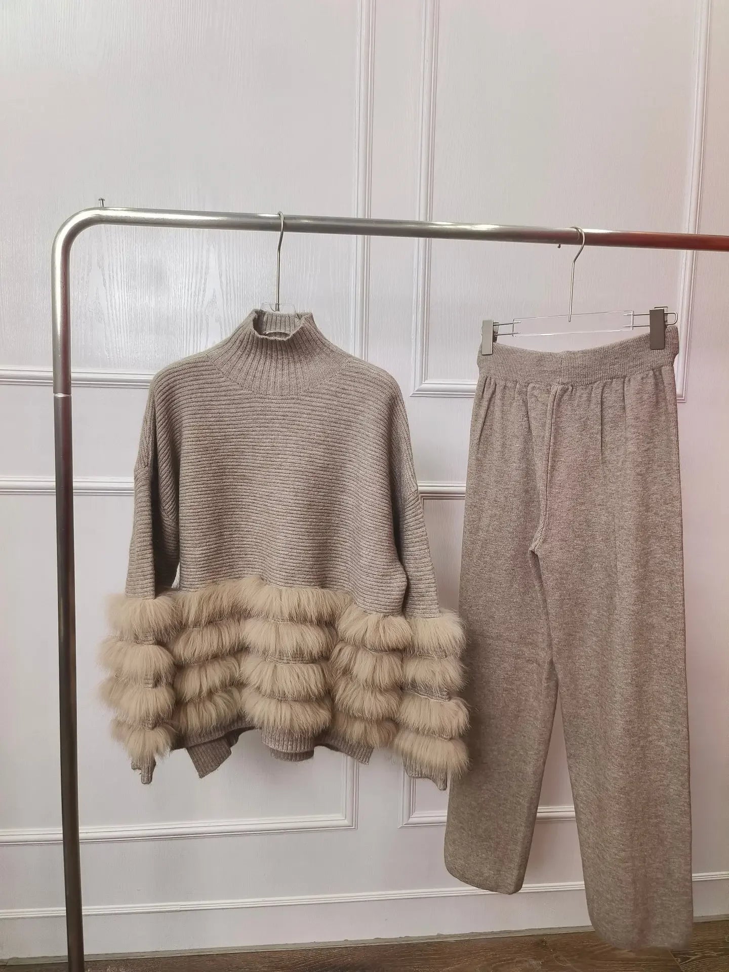 2024 New Spring Autumn 2 Piece Real Fox Fur Women Cardigan Mock Neck Sweater Pant Set Ladies Sweater Suit Luxury Female Fur Coat