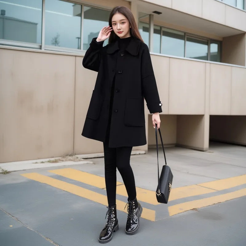 150Kg Plus Size Women's Bust 157 Spring Autumn Loose Woolen Trench Coat Black 5XL 6XL 7XL 8XL 9XL