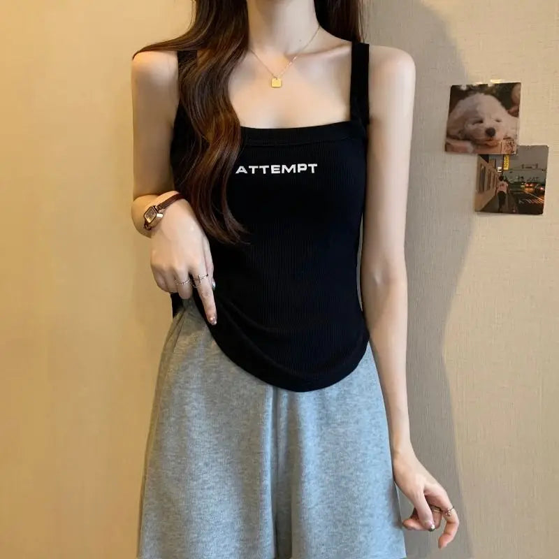 Fashion O-Neck Solid Color Embroidery Letter Camisole T-Shirt Female Clothing 2024 Summer New Loose Korean Tops Casual Tee Shirt