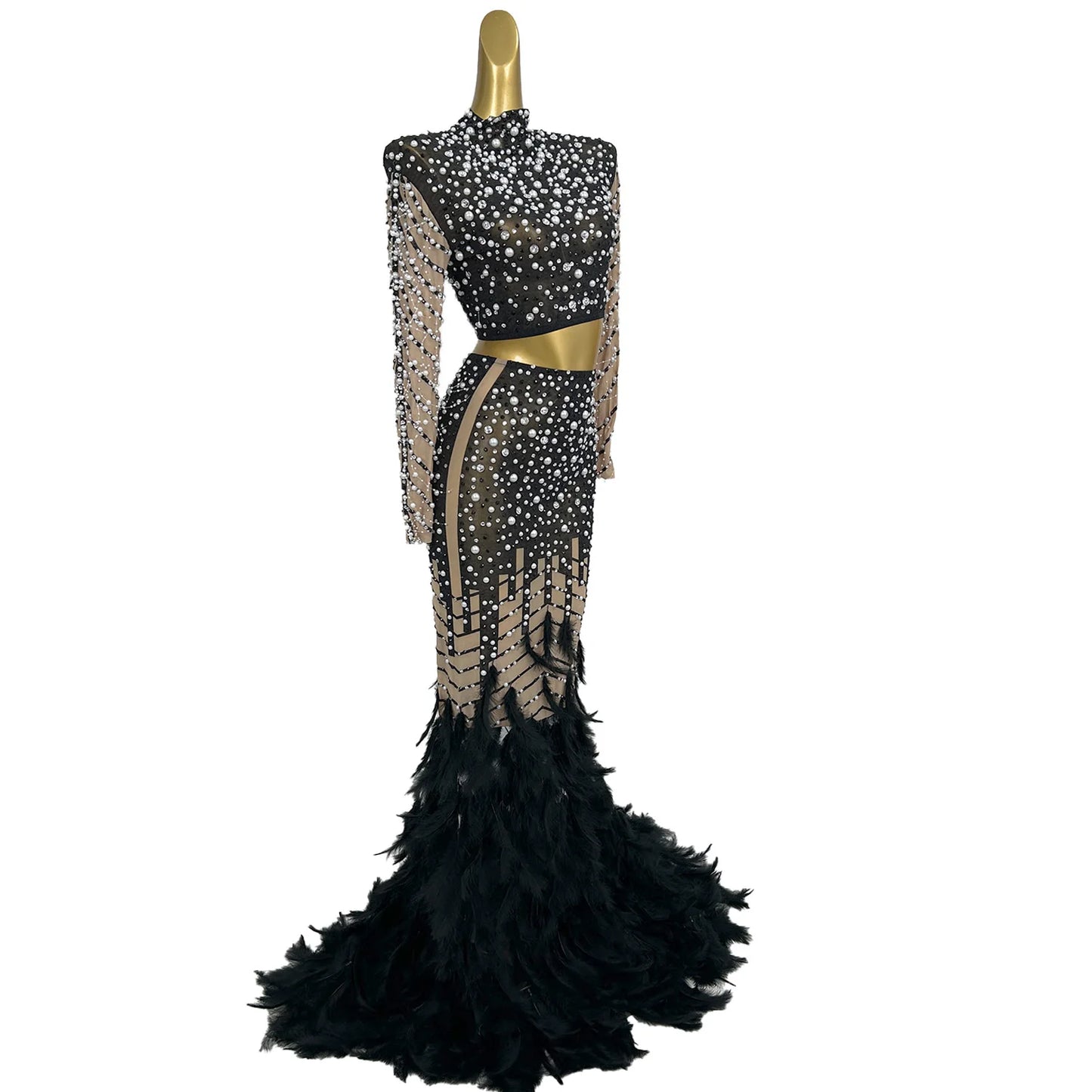 Customized Black Feather Mermaid Prom Dress for Black Girls High Stretch Diamonds Crystals Beaded Birthday Party Gown Fentiyumao